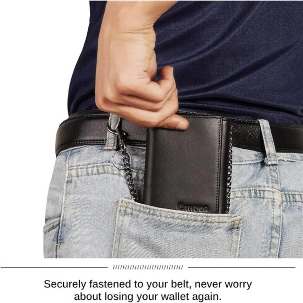 Mens Wallet with Chain, Genuine Leather Trifold Wallet RFID Blocking Anti-Theft